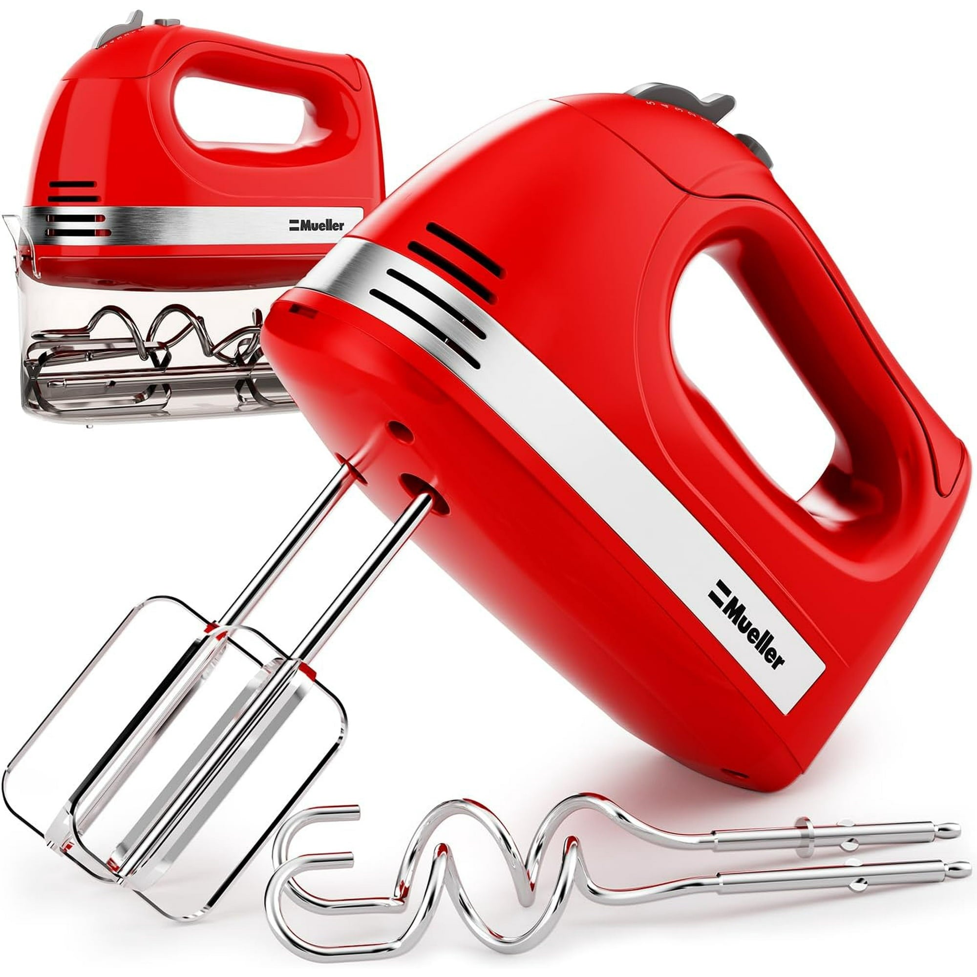 Mueller Electric Hand Mixer, 5 Speed with Snap-On Case, 250 W, Turbo Speed,  4 Stainless Steel Accessories, Beaters, Dough Hooks, Baking Supplies for  Whipping, Mixing, Cookies, Bread, Cakes, Red