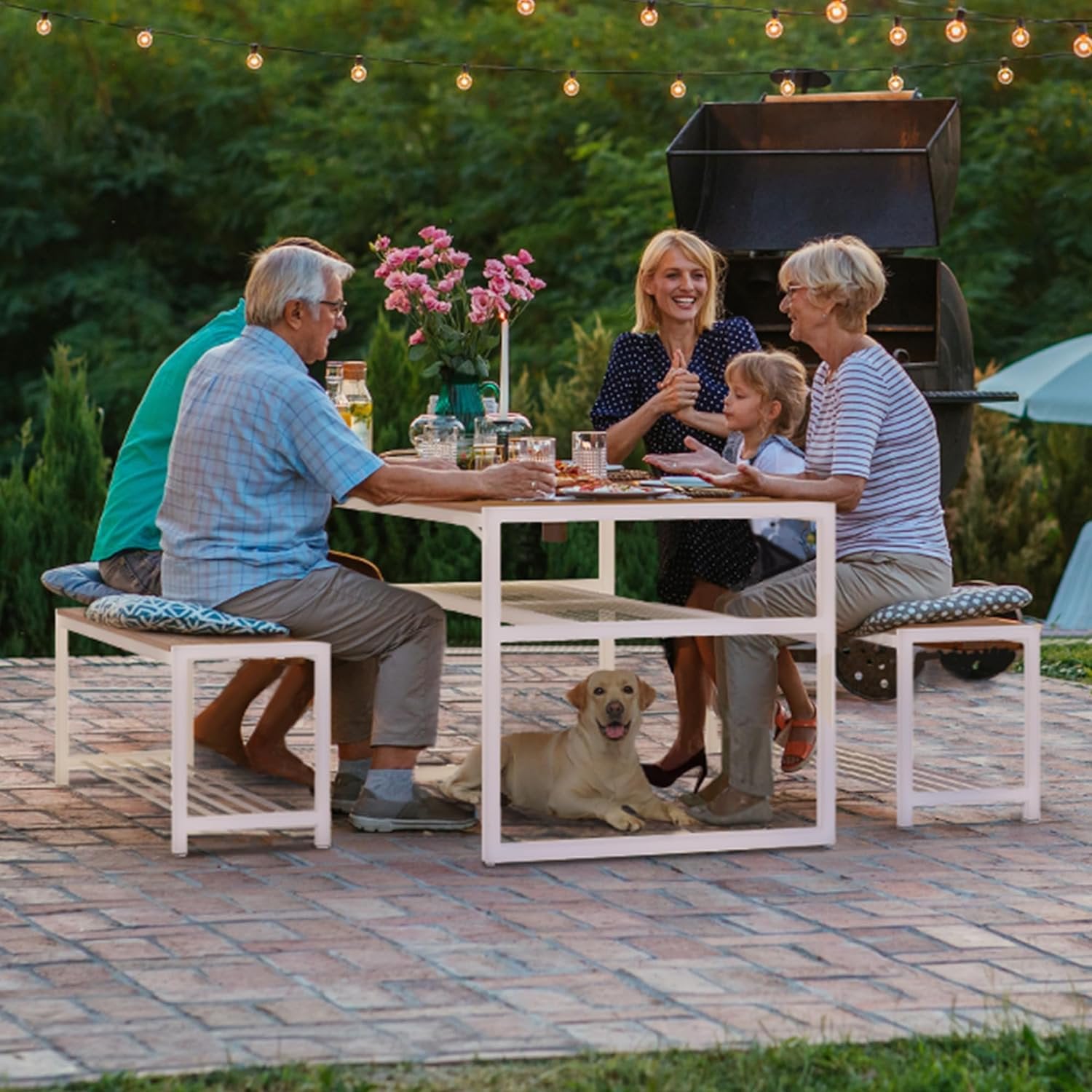 YITAHOME Patio Dining Table and Bench with Faux Wood Tabletop, Outdoor Dining Set for 4-6 People, All-Weather Picnic Conversation Set for Garden Backyard Poolside - Yellow (Bottom Shelf)