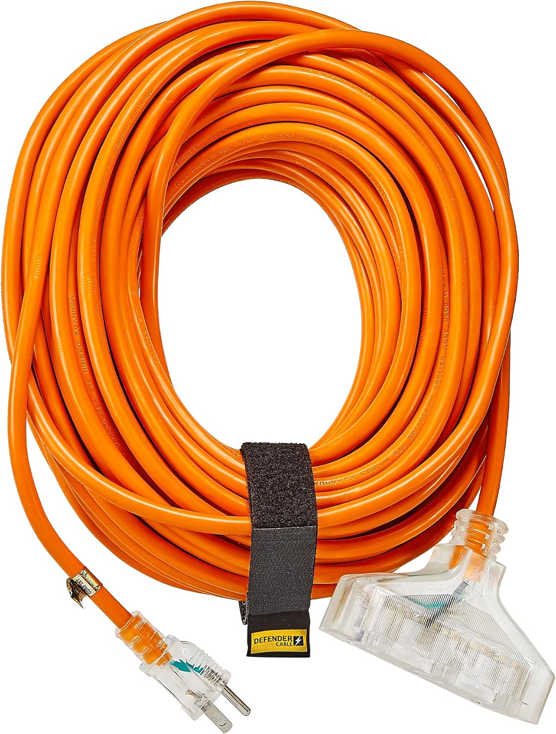 Defender Cable 14/3 Gauge, 100 ft Triple Outlet SJTW Contractor Grade Extension Cord, with Lighted end,UL/ETL Listed, All Purpose (OSHA Compliant) 100 Ft (Triple Tap)