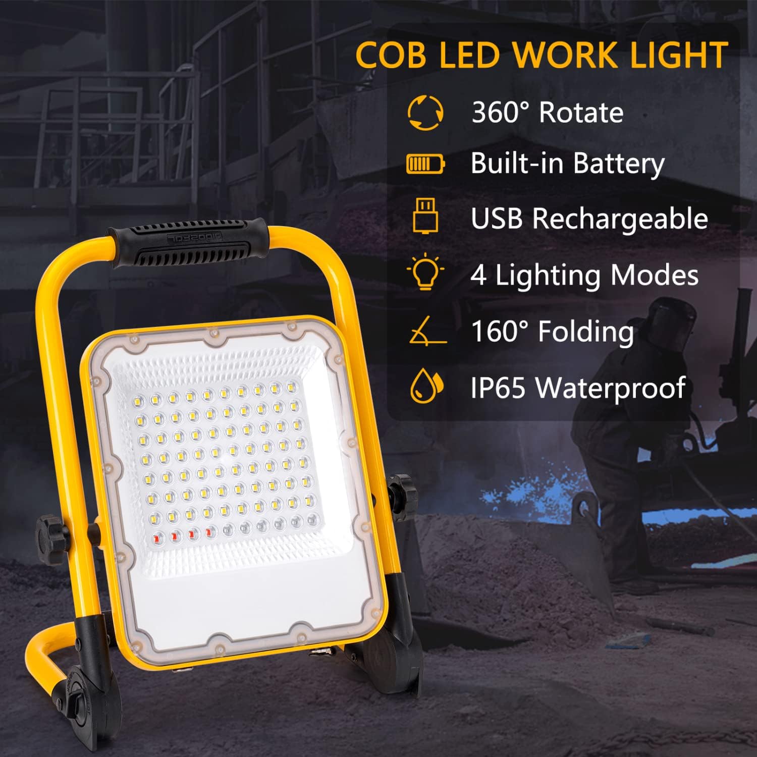 Aigostar 6500K Rechargeable LED Flood Light with Stand, 1000lm Waterproof, 4 Modes, Foldable