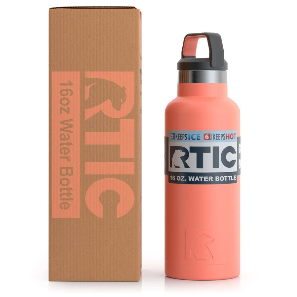 RTIC 16 oz Vacuum Insulated Water Bottle, Metal Stainless Steel Double Wall Insulation, BPA Free Reusable, Leak-Proof Thermos Flask for Hot and Cold Drinks, Travel, Sports, Camping, Coral