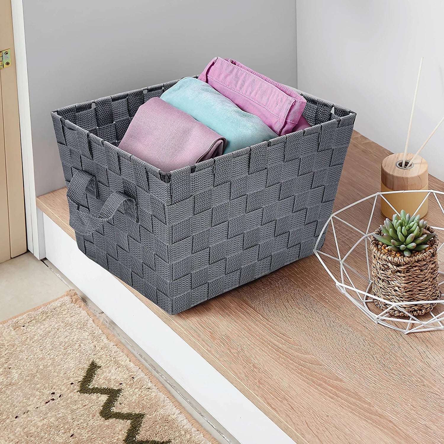 Brookstone 2 Pack Woven Storage Baskets with Handles, Decorative Clothes/Toys/Clutter Organizer, Dark Gray