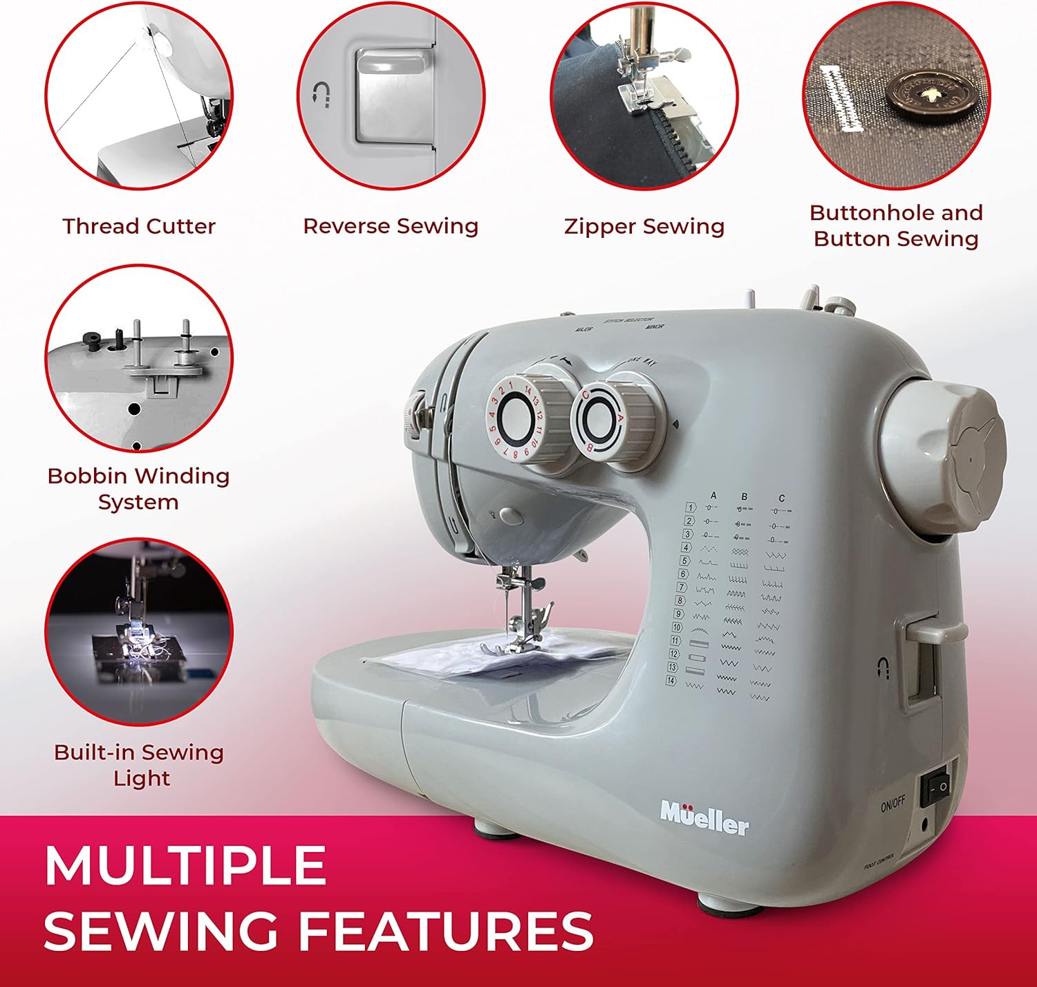 Mueller Ultra Stitch Sewing Machine, 110 Stitch Applications, LED Light, Foot Pedal, Reverse, Buttonhole, Button and Zipper Sewing, Easy to Use, Thread Cutter, Removable Accessories Storage, Grey