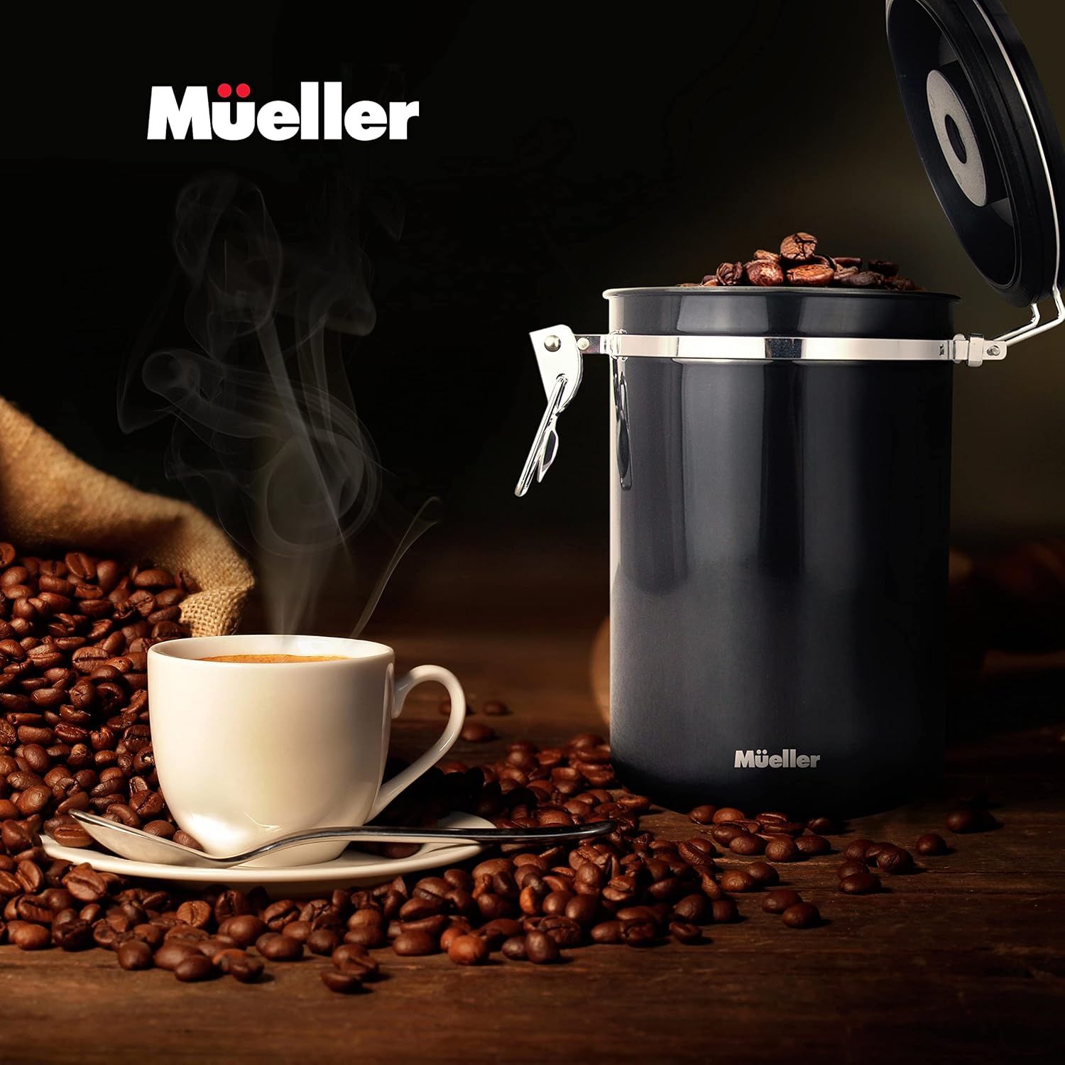 Mueller 21oz Coffee Canister Stainless Steel Container with Day and Month Tracker, Stainless Steel Spoon Included