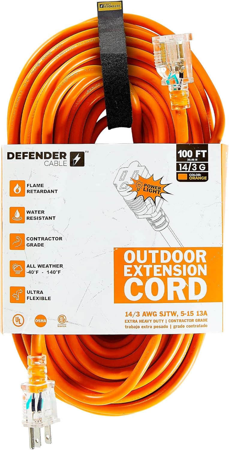 Defender Cable 14/3 Gauge, 100 ft SJTW Contractor Grade Extension Cord, with Lighted end,UL/ETL Listed, All Purpose (OSHA Compliant)