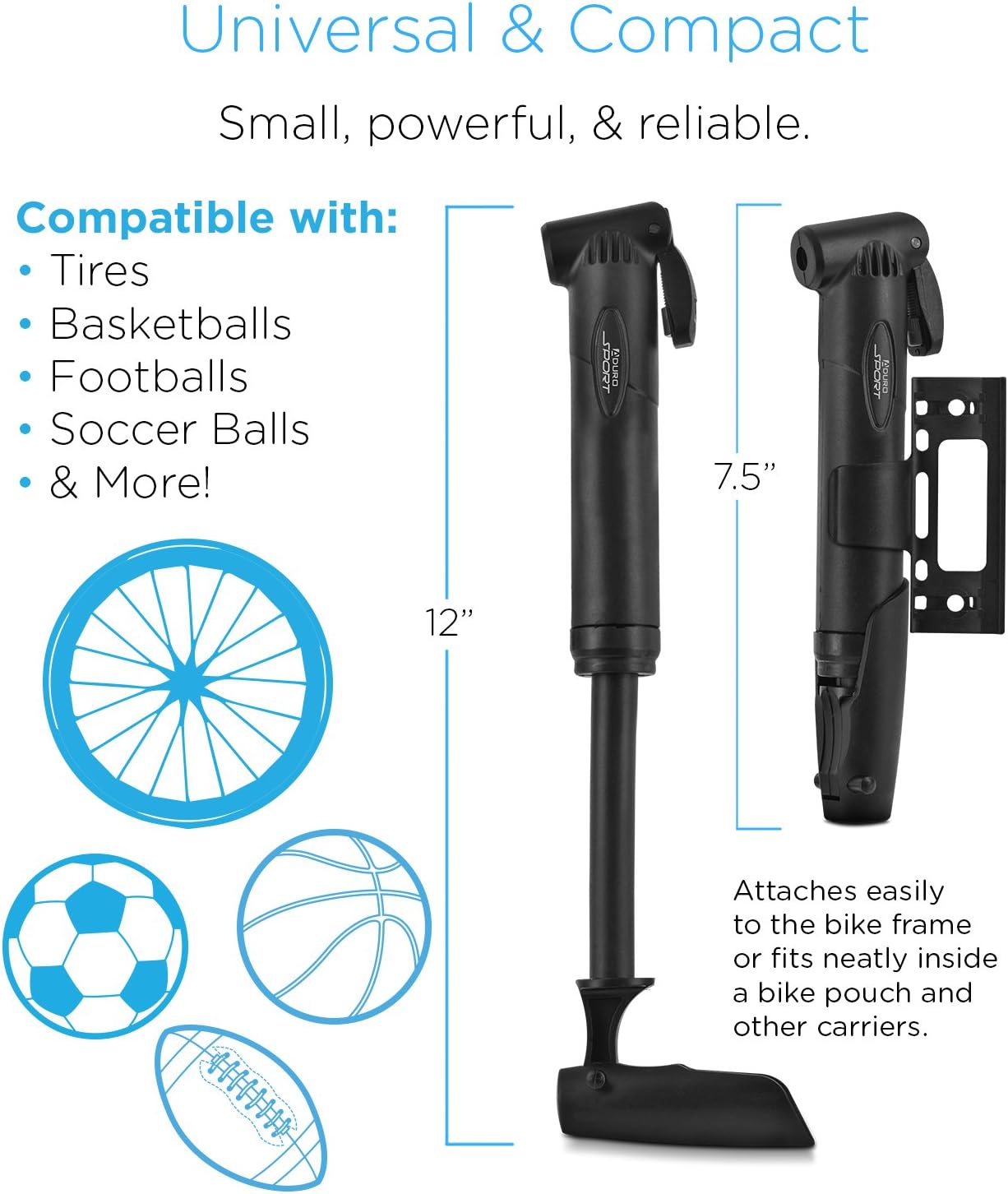 Aduro Sport Bicycle High Pressure Frame Pump Easily Mounts to Most Bikes