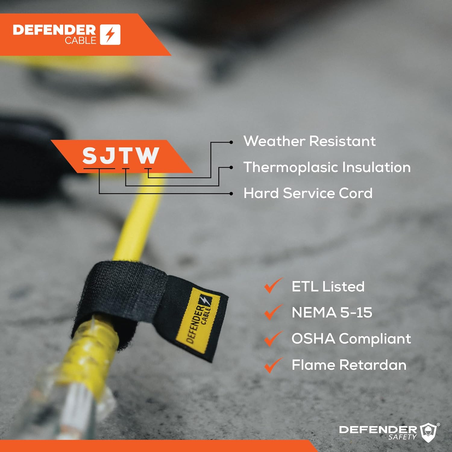 Defender Cable 14/3 Gauge, 100 ft SJTW Contractor Grade Extension Cord, with Lighted end,UL/ETL Listed, All Purpose (OSHA Compliant)