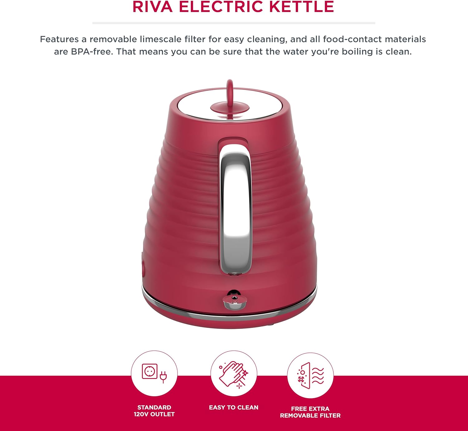 Homeart Riva 1.7L Electric Kettle with Removable Limescale Filter, Fast Boiling and Auto Shut-off