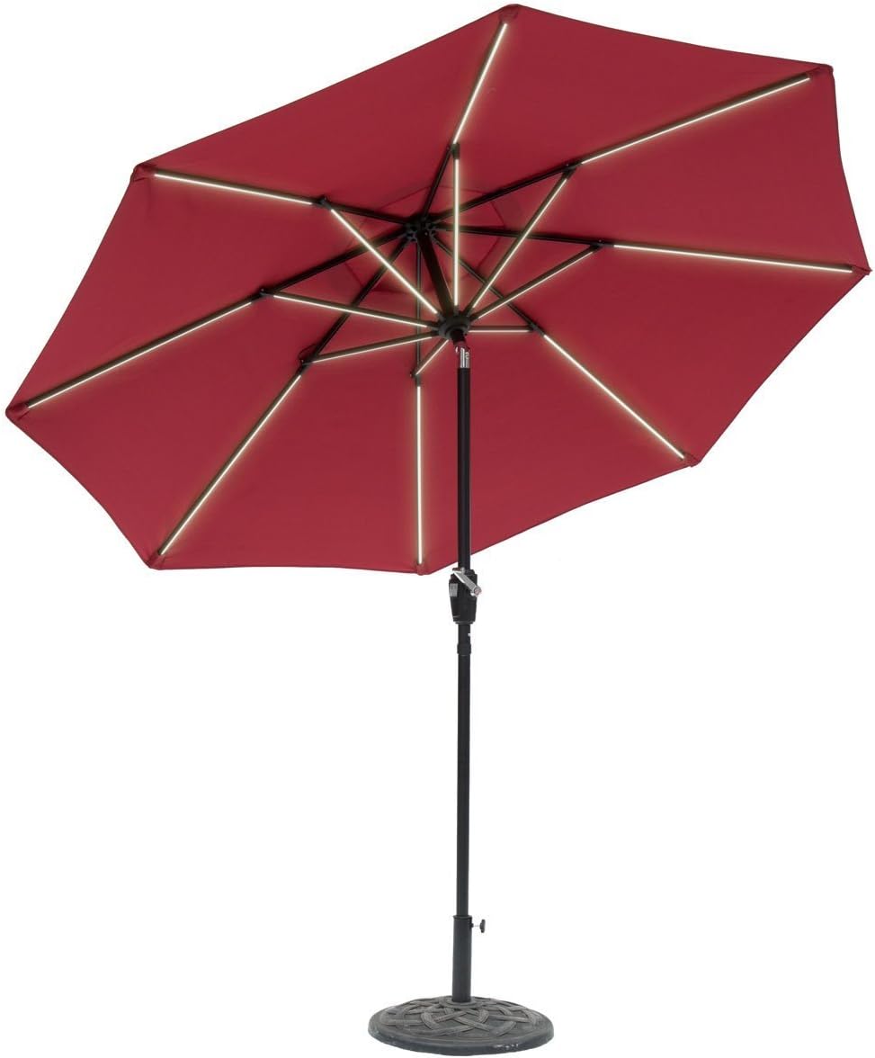 Sun-Ray 9' Round Next Gen 8-Rib Solar Patio Umbrella 32 LED Within Unique Strip Lighting, Crank and Tilt, 9 ft, Scarlet/Red