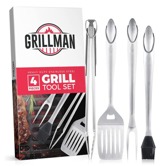 Grillman 4 piece Essential BBQ Tools - Set includes a chef's 3-in 1 spatula, BBQ tongs, silicone basting brush, and a deluxe, heavy duty fork