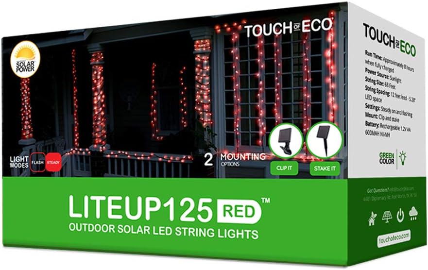 Touch Of Eco 125 Solar Powered LED String Lights, 68 Feet - Red