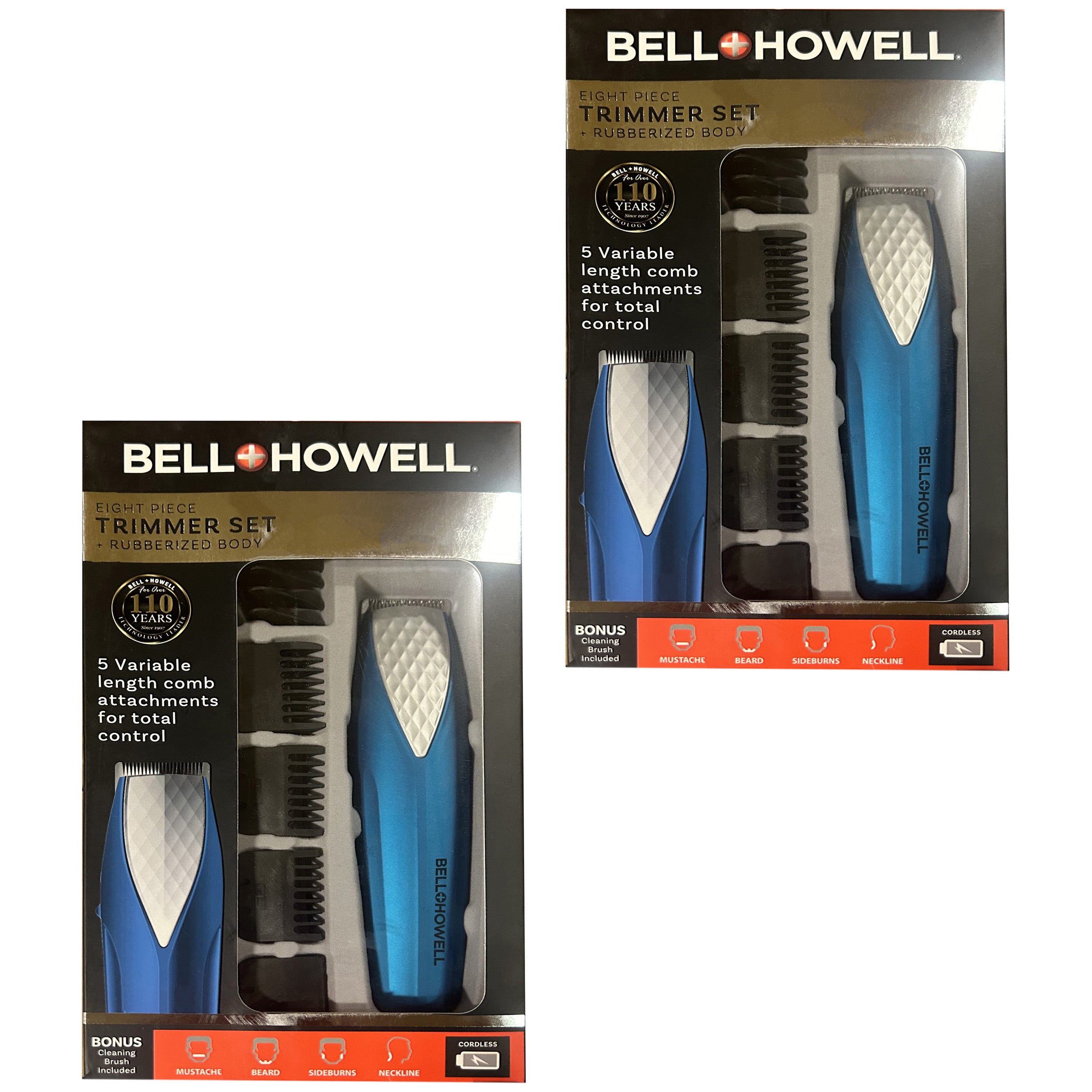 Bell & Howell Eight Piece Cordless Trimmer Set + Rubberized Body (Blue), 2 Pack