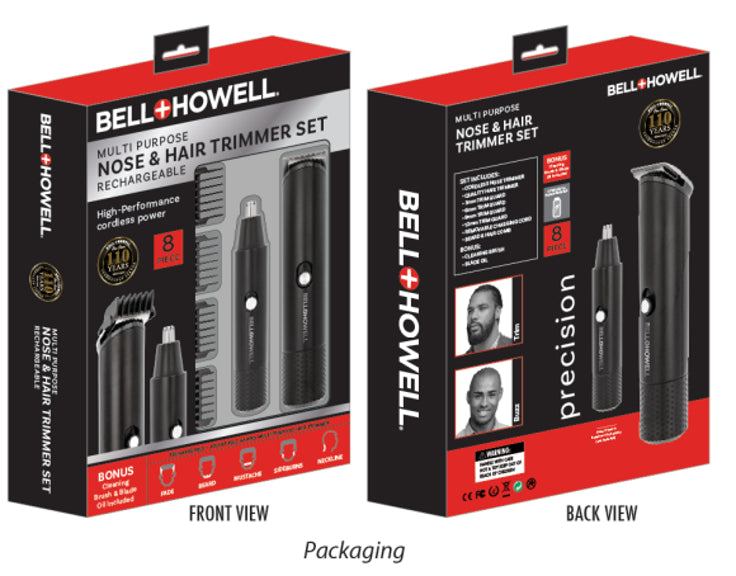 Bell & Howell Multi-Purpose Nose & Hair Trimmer Set, 8 Piece, Rechargeable