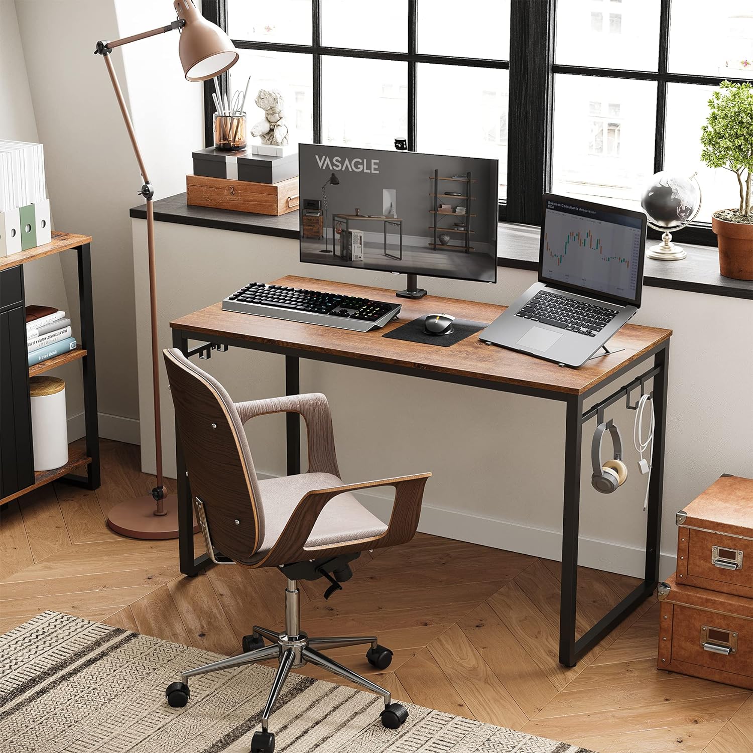 VASAGLE ALINRU Computer Desk 47.2 x 23.6 x 29.5 Inches with 8 Hooks Walnut Brown