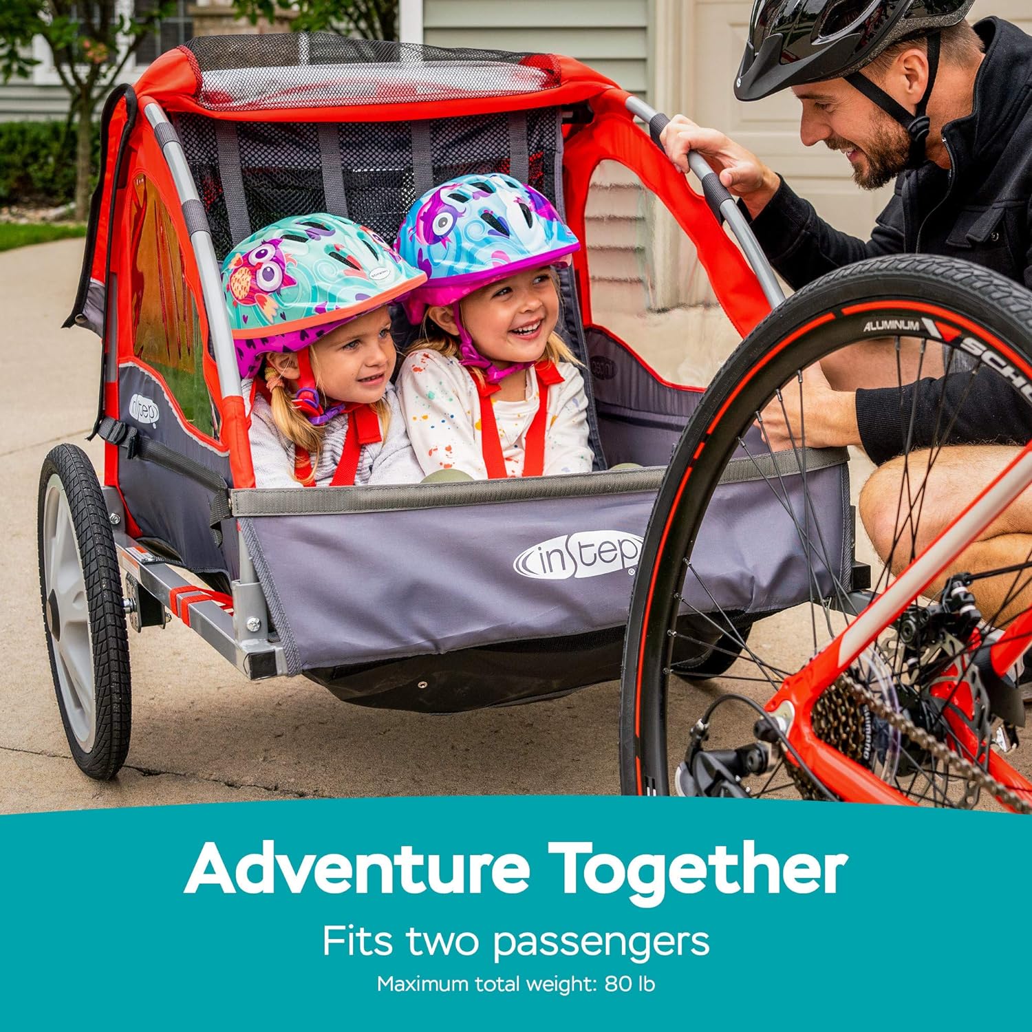 Take 2 Bike Trailer for Kids with 5-Point Harness, Folding Frame, Quick Release Wheels, Bug Screen & Weather Shield