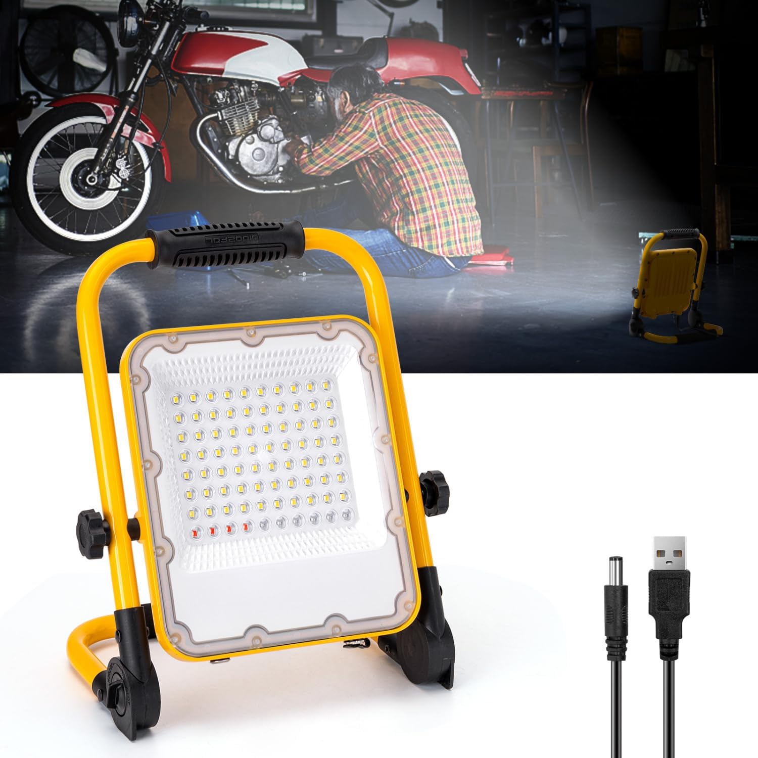 Aigostar 6500K Flood Light Rechargeable LED Work Light with Stand, 1000lm Waterproof, Foldable, 4 Modes