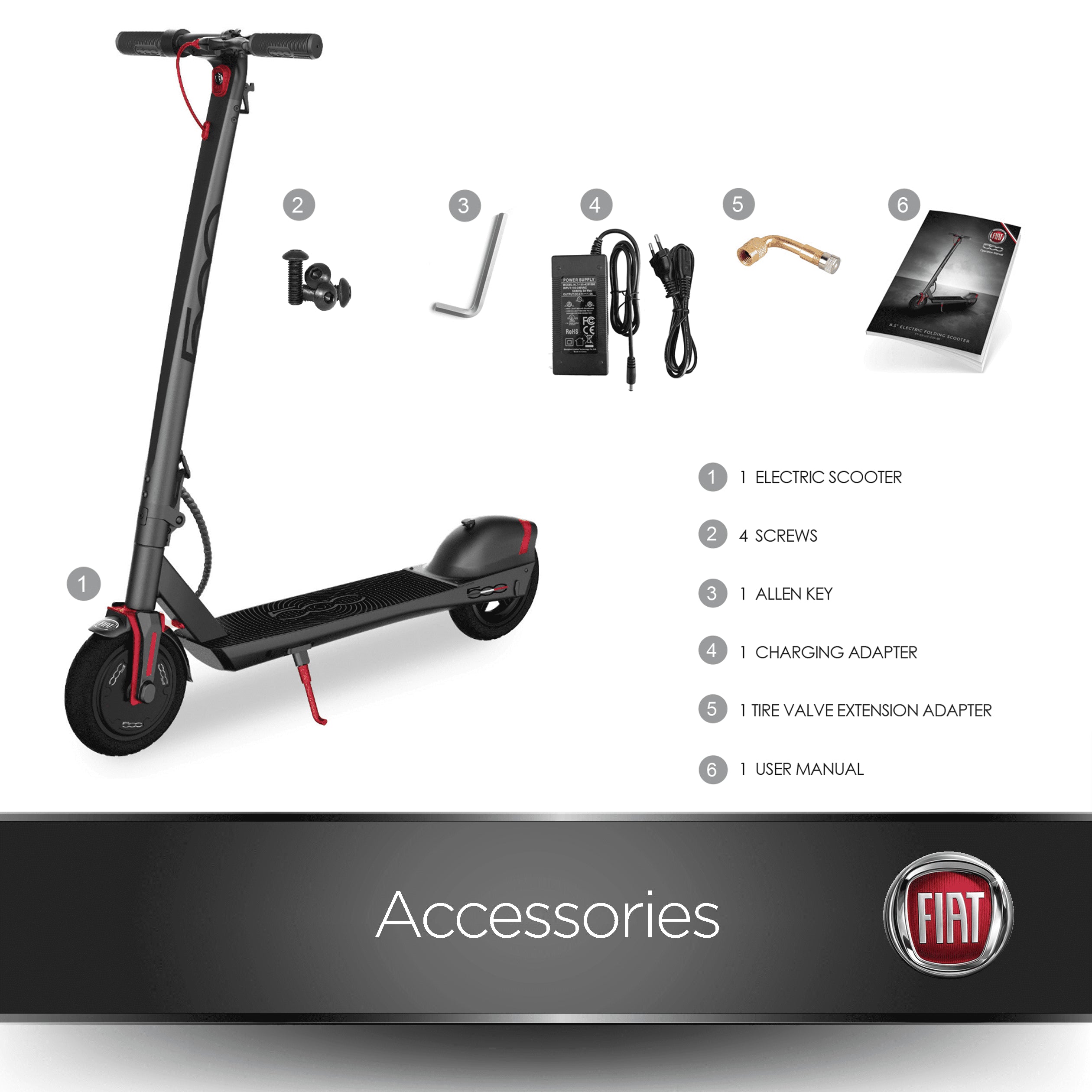 Fiat Folding Electric Scooter - 350W Motor, 15 to 20-Mile Long-Range Battery (Vesuvio Black)