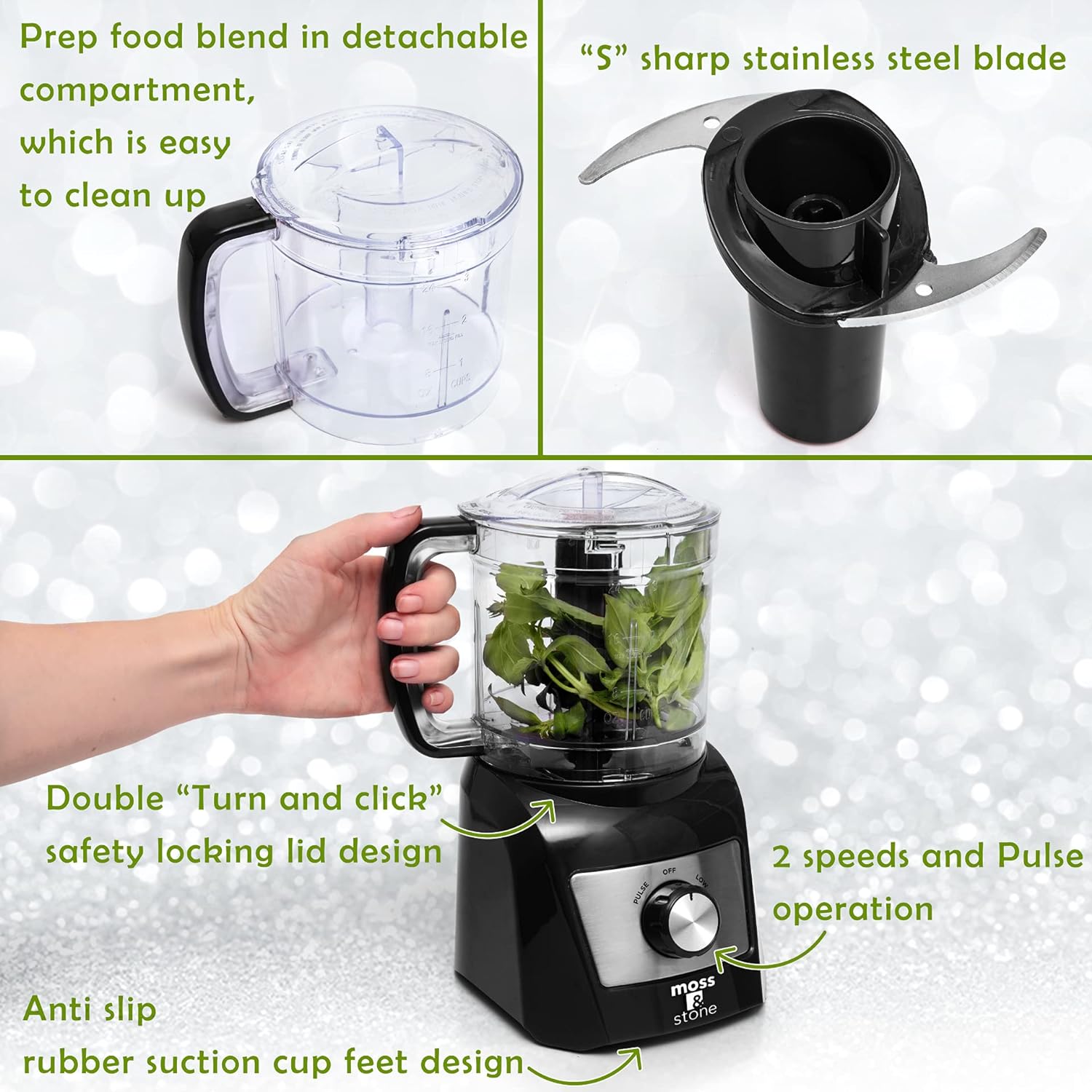 Moss & Stone 3 Cup Mini Food Processor, Strong Vegetable Chopper for Dicing, Chopping, Mincing, & Puree 300 Watts Mini Chopper With 2 Speeds, Perfect Baby Food Processor Black 3 Cups Black