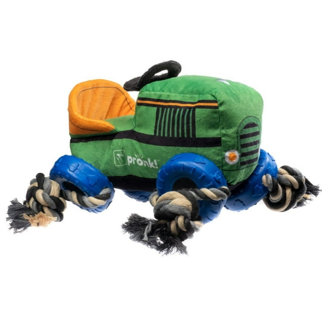 Pronk! Pets Pronk! Garden Green Tractor 12-Inch Durable Soft Plush Squeaky Rope Dog Toy