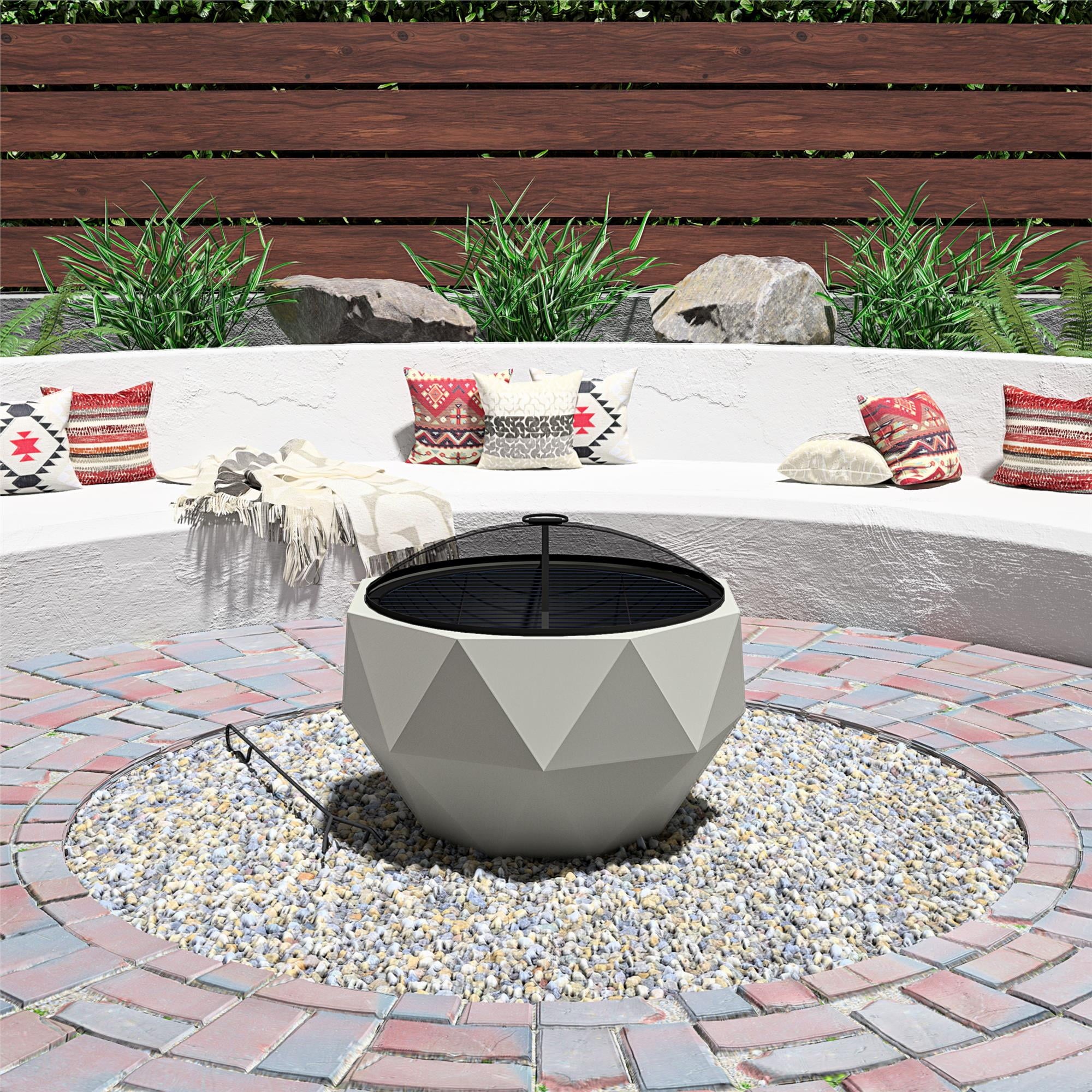 COSCO Outdoor 25" Geo Wood Burning Fire Pit with Rain Cover and Accessories, Ceramic, Gray