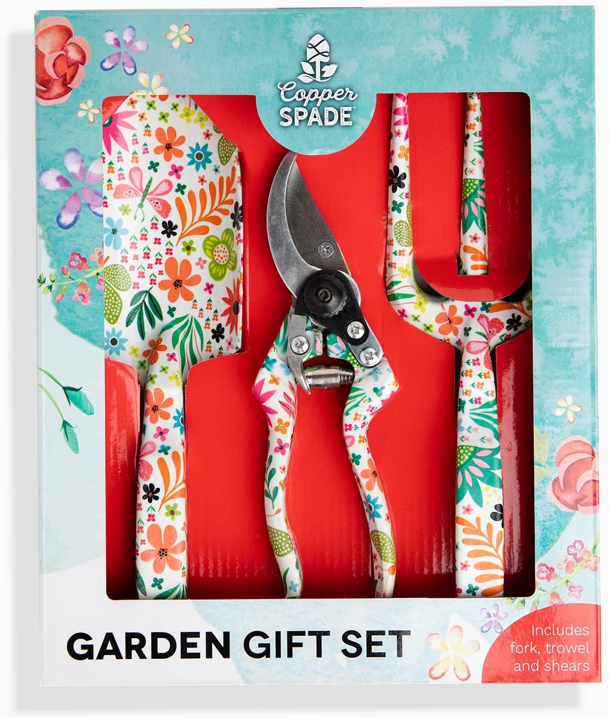 Copper Spade 3 Piece Decorative Butterflies & Flowers Garden Tool Set, Includes Trowel, Pruning Shears & Cultivator Fork