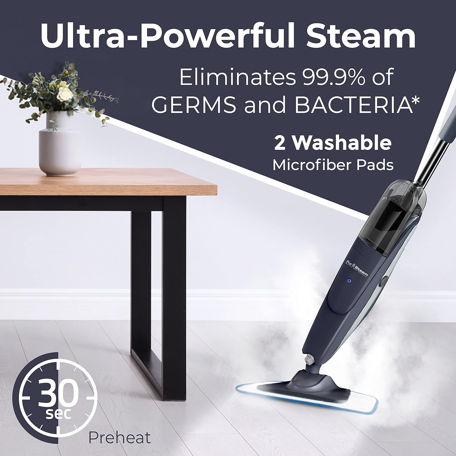 PurSteam Steam Mop Cleaner, Steam Mops for Floor Cleaning - Hardwood/Tiles/Vinyl/Marble - Steam Cleaner for Kitchen, Multifunctional Whole House Steamer, Blue