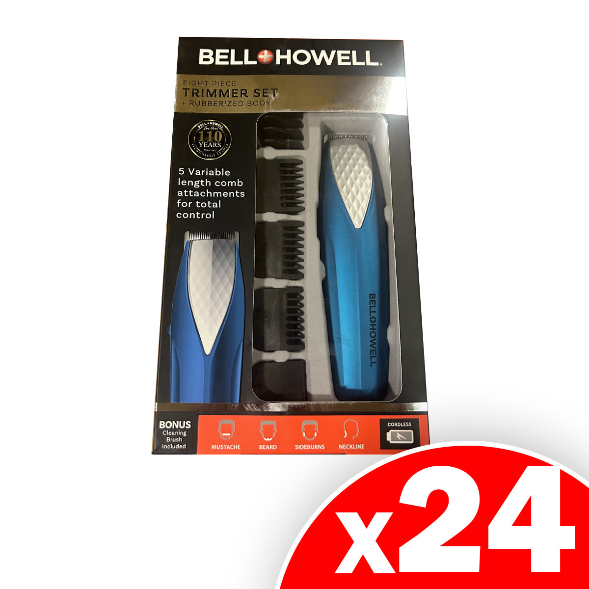 Bell & Howell Eight Piece Cordless Trimmer Set + Rubberized Body (Blue), 24 Pack