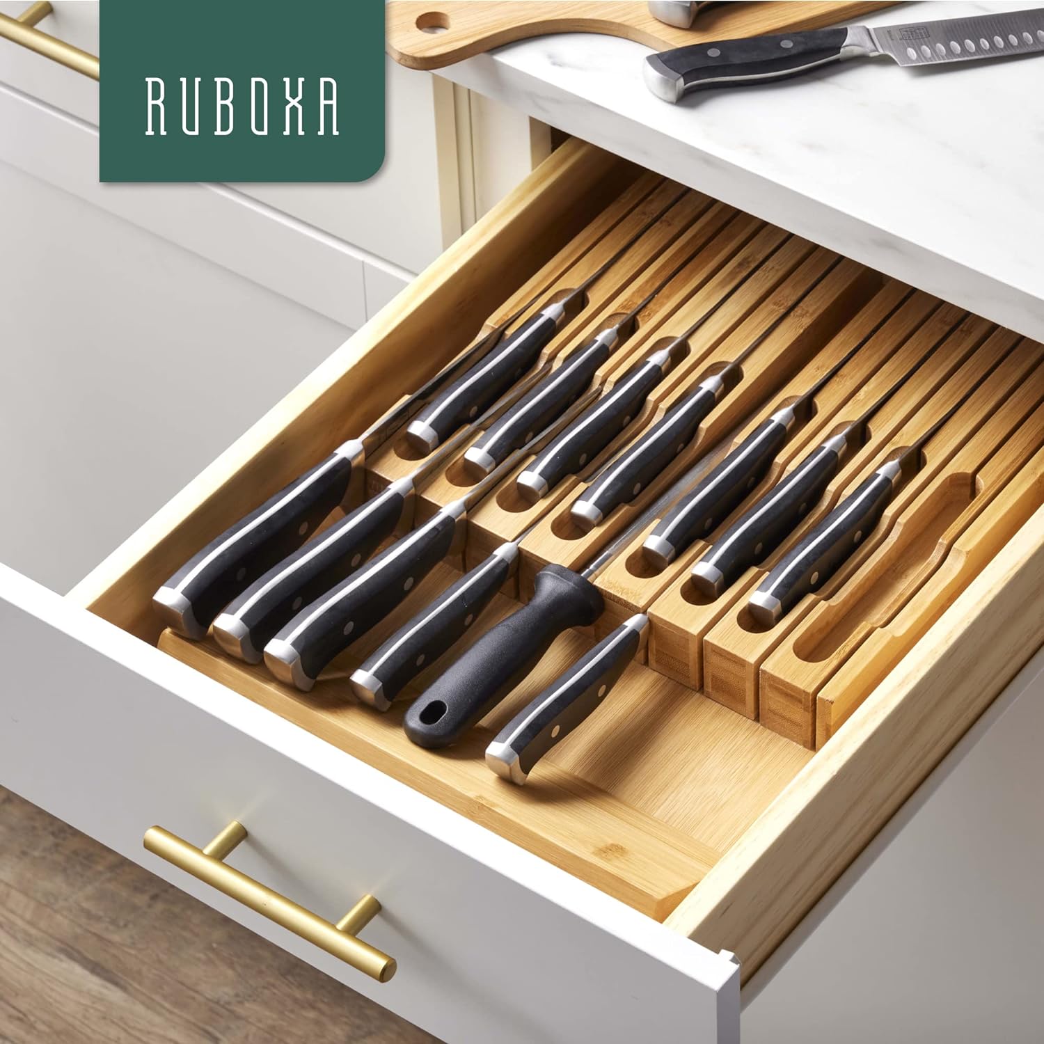 RUBOXA High-Grade 100% Bamboo Knife Drawer Organizer with 16 Knife Slots, 2 Pack