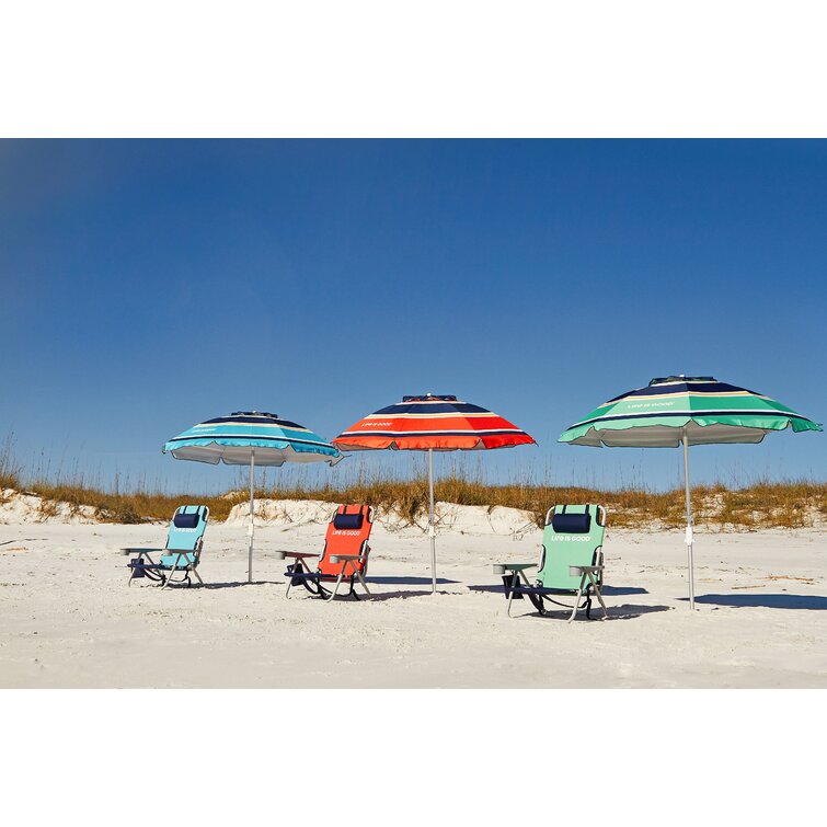 Life is Good 7ft Beach Umbrella with Sand Anchor, Towel Hook, and Tilting Pole