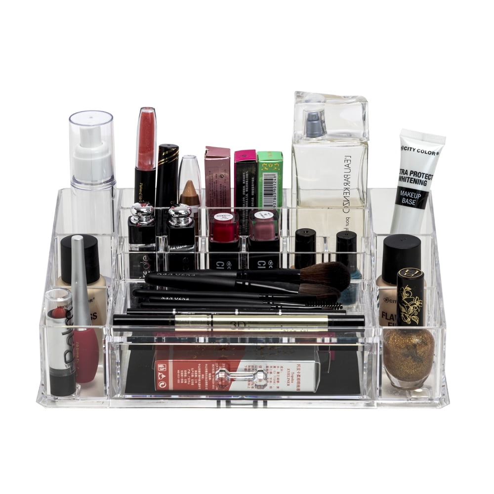 Trio Home Acrylic Makeup Organizer with 15 Compartments and 1 Removable Drawer/ Cosmetic Organizer