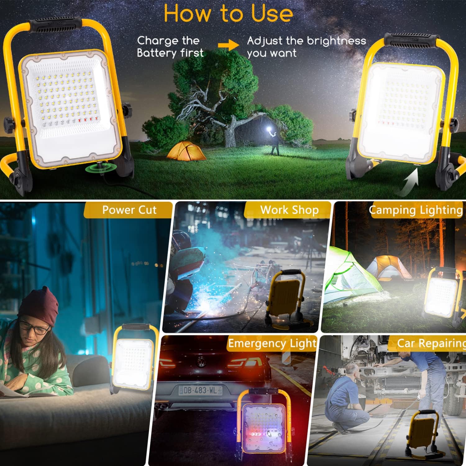 Aigostar 6500K Flood Light Rechargeable LED Work Light with Stand, 1000lm Waterproof, Foldable, 4 Modes