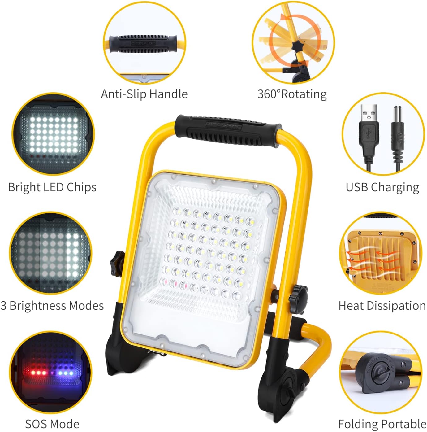 Aigostar 6500K Flood Light Rechargeable LED Work Light with Stand, 1000lm Waterproof, Foldable, 4 Modes