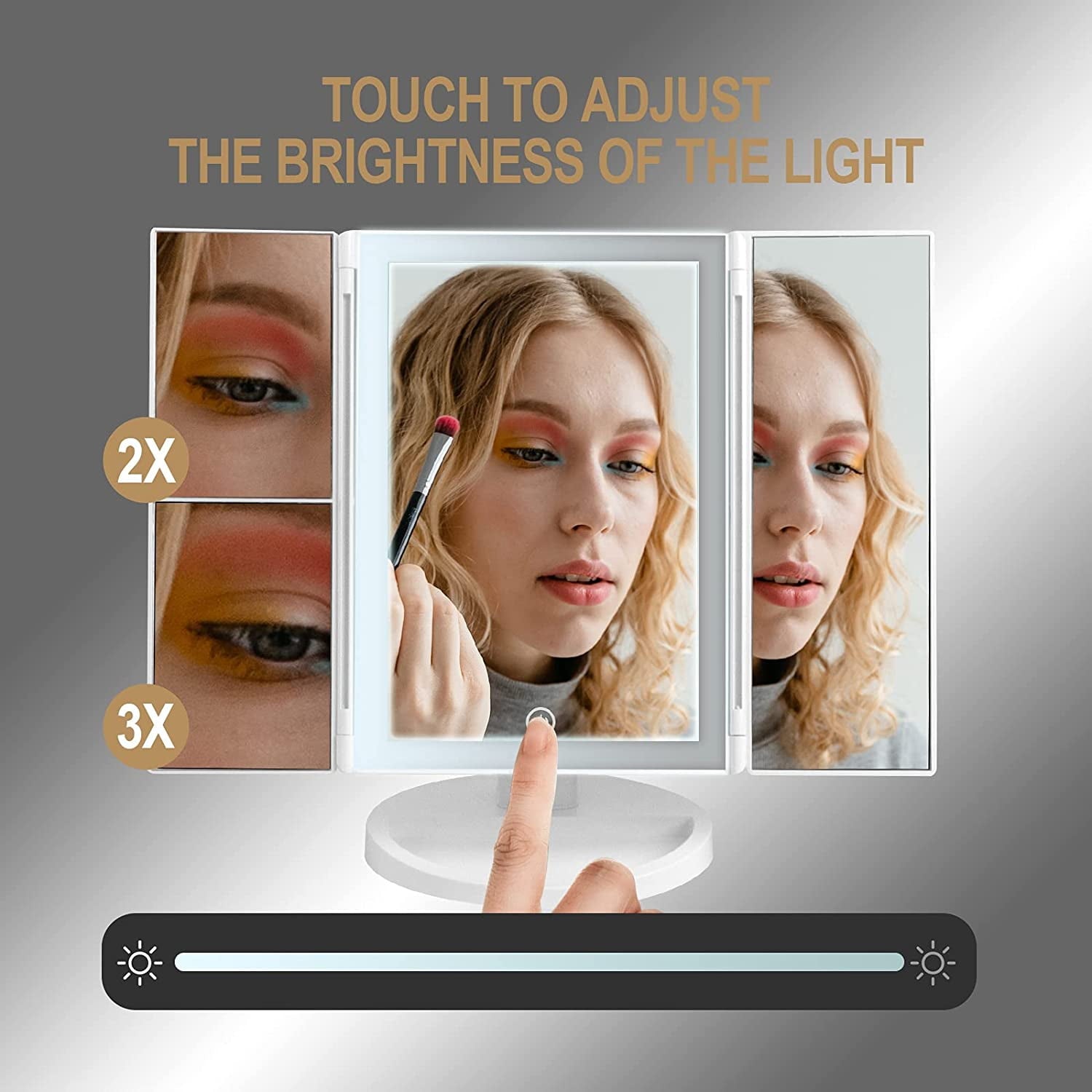 BIGTREE Trifold Vanity Mirror with LED Lights Touch Screen Grooming Makeup Mirror Beauty Cosmetics