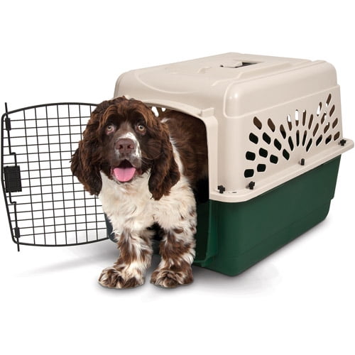 Ruffmaxx 28" Portable Dog Kennel Plastic Pet Carrier for Dogs 20 to 30 lb, Tan/Green