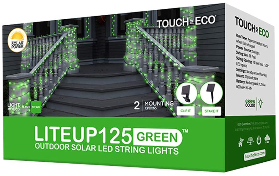 Touch Of Eco 125 Solar Powered LED String Lights, 68 Feet - Green