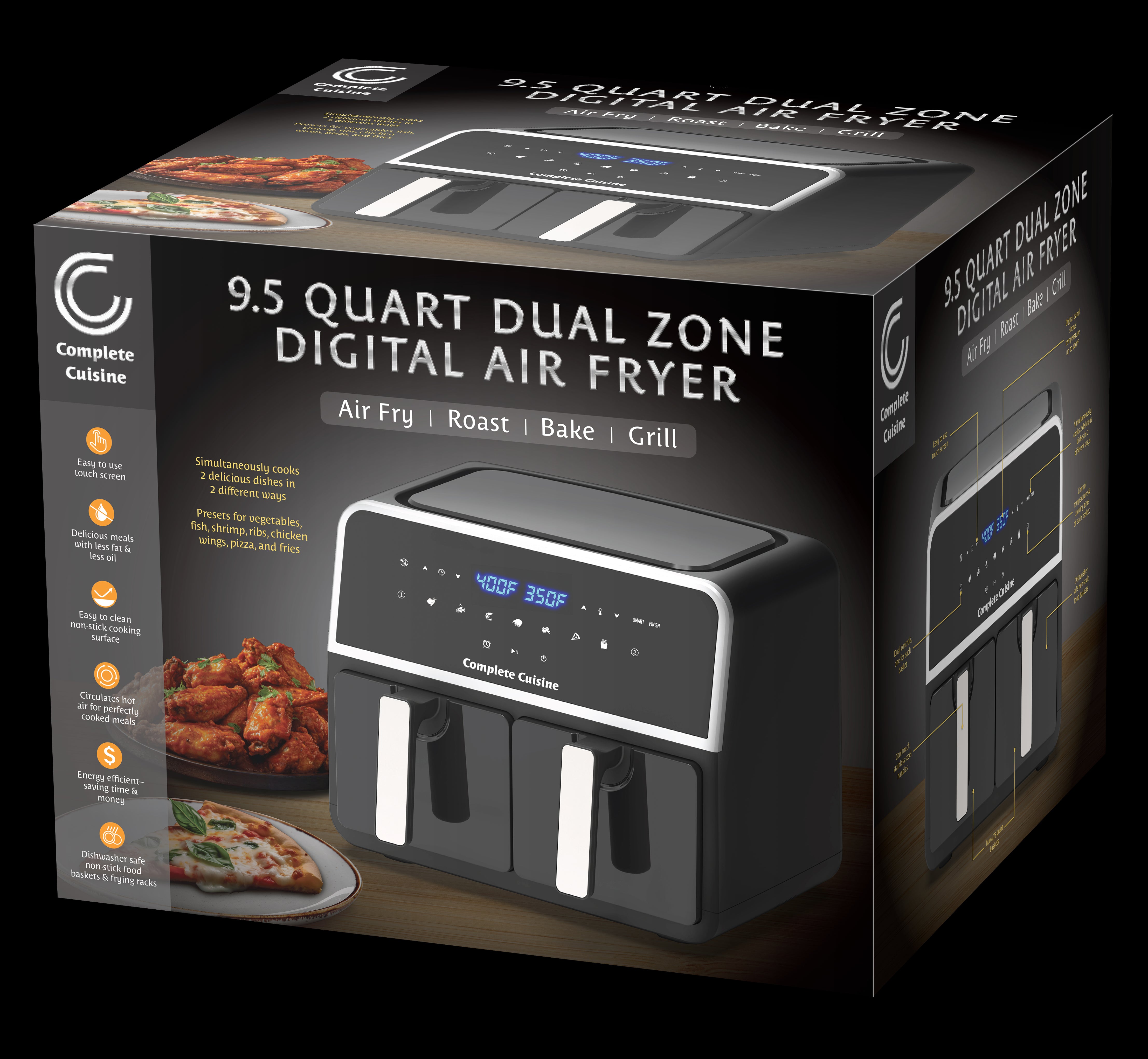 Complete Cuisine 9 Quart Dual Basket Digital Air Fryer- Air Fry, Roast, Bake & Grill