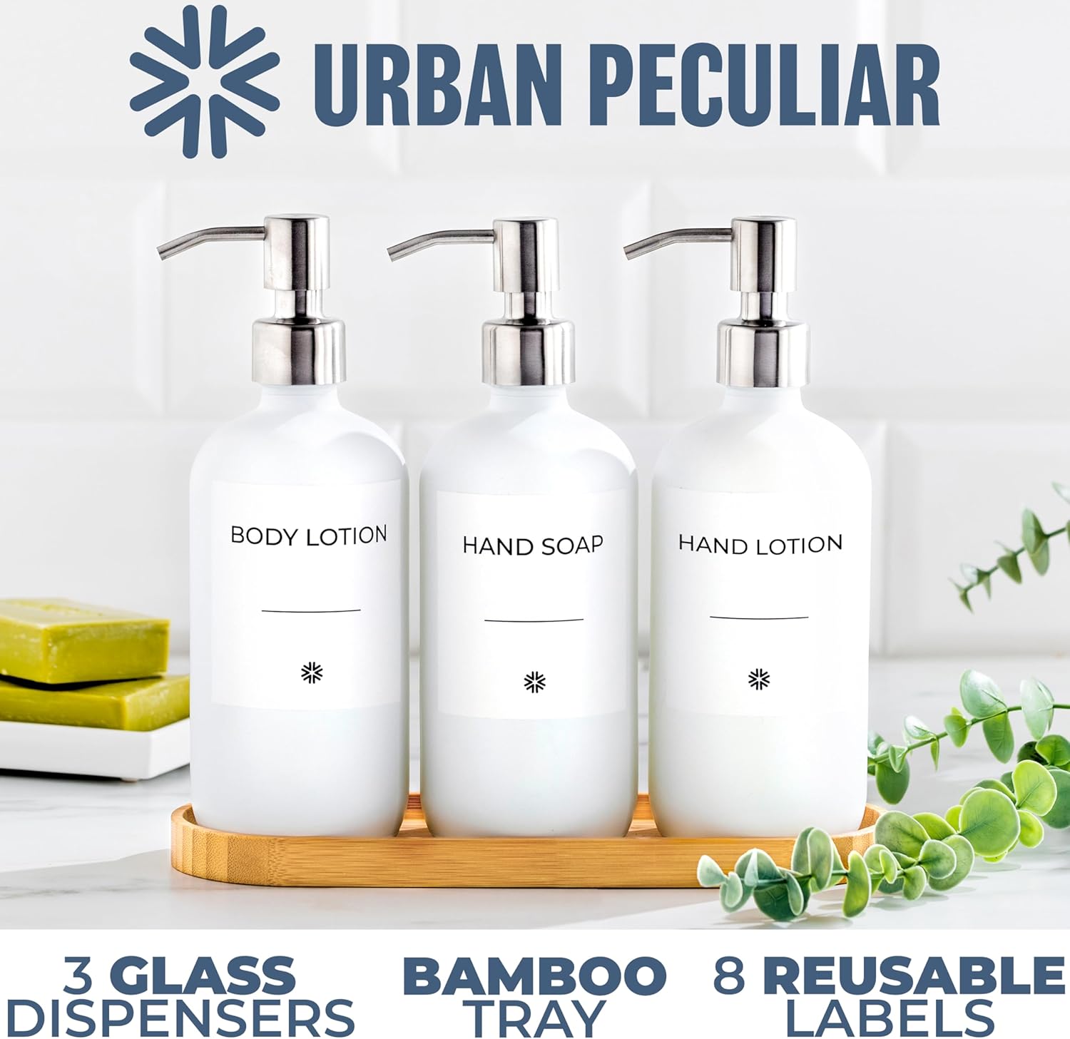 Urban Peculiar Kitchen Soap Dispenser Set with Tray - Three White Glass Dispensers with Bamboo Tray & 8 Reusable Labels for Dish Soap, Hand Soap, Shampoo, and More