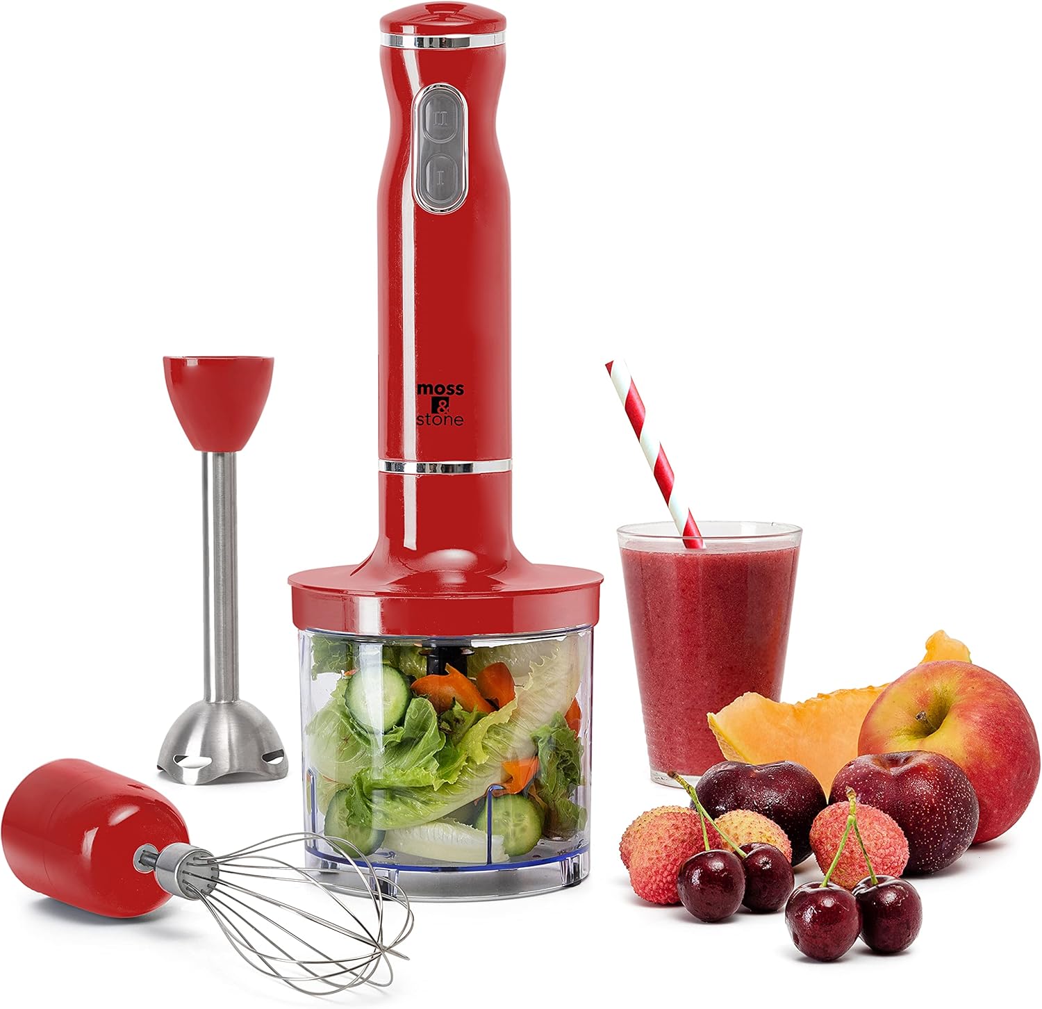 Moss & Stone Stainless Steel 300 Watt Hand Blender with Egg Whisk & Chopper