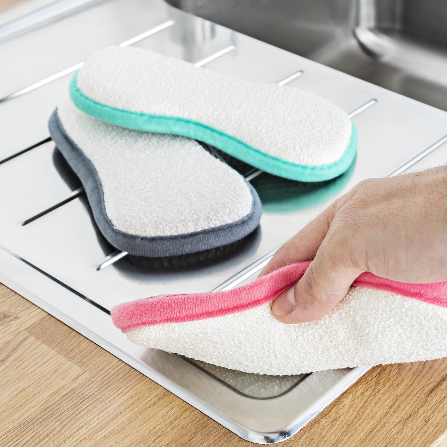 Minky Homecare M Cloth Cleaning Pad - Reusable Dual-Sided Microfiber Scrubber Sponges for Kitchen, Home - Green, Pink & Gray, Pack of 3