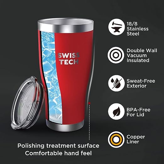 SWISS+TECH 20 oz Tumbler, Stainless Double Wall Vacuum Insulated Tumbler with Lid and Wide Mouth, Red