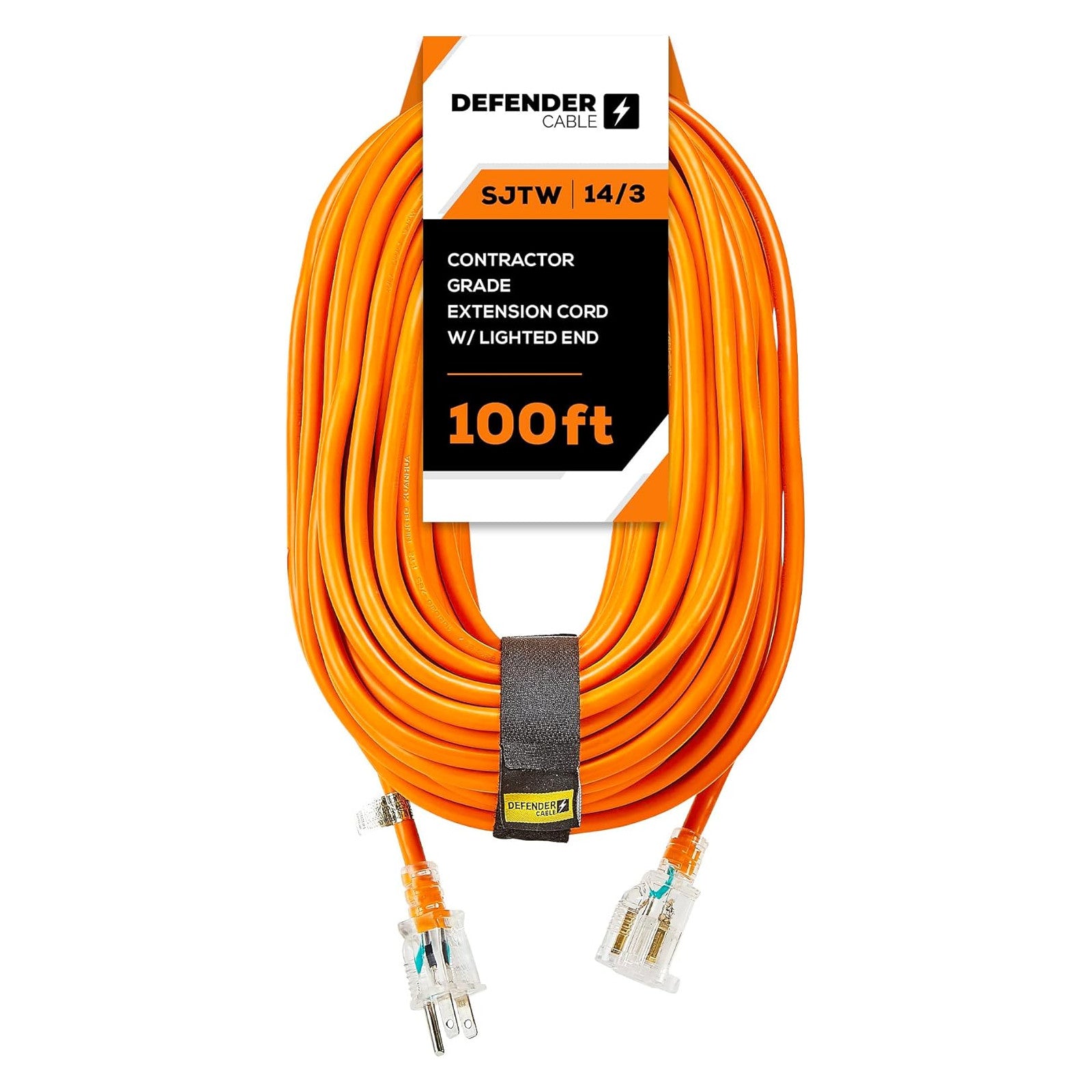 Defender Cable 14/3 Gauge, 100 ft SJTW Contractor Grade Extension Cord, with Lighted end,UL/ETL Listed, All Purpose (OSHA Compliant)