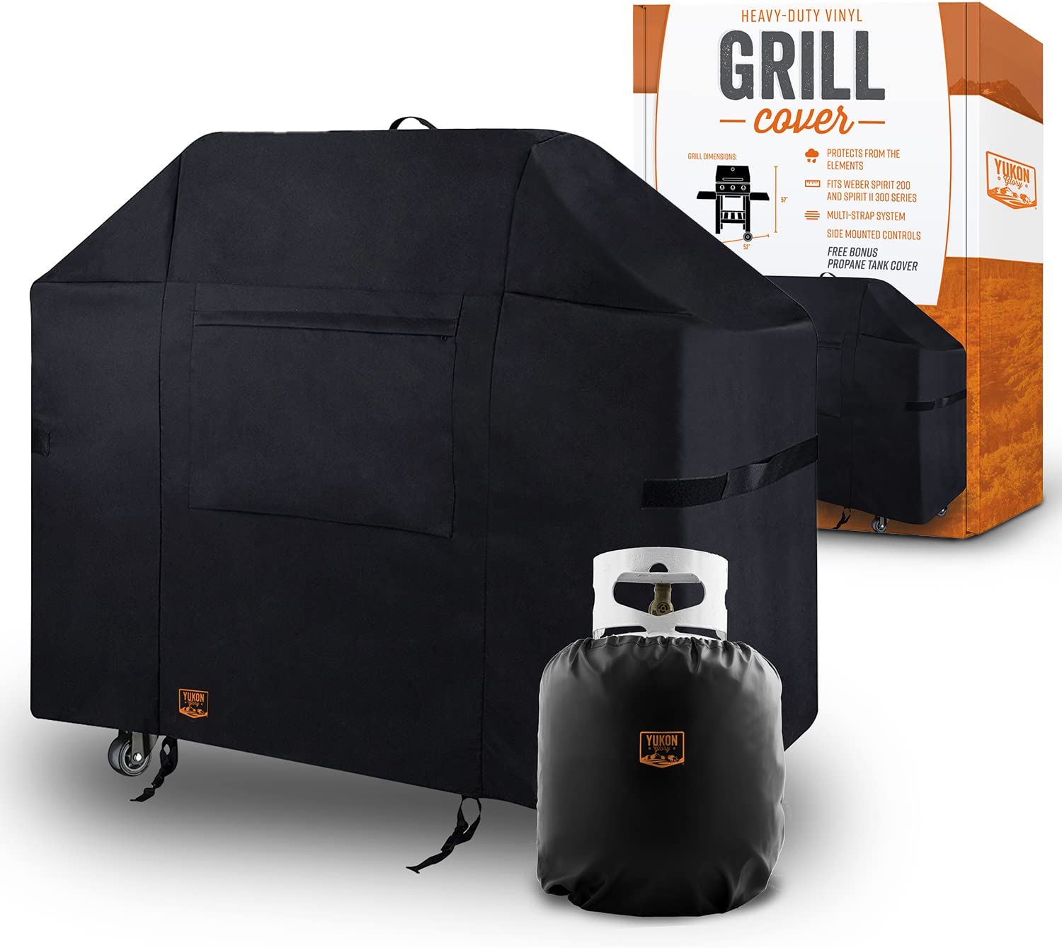 Yukon Glory Barbecue Grill Cover for Weber Spirit II 300 & Spirit 200 Series. The Heavy Duty BBQ Cover is 27 W x 52 L x 57 H & Protects Your Grill from Outside Elements (with Side Mount Controls)