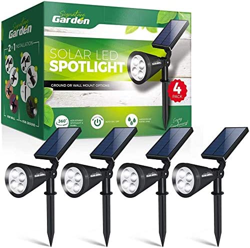 Signature Garden LED Solar Garden Spotlights (4 Pack) Super-Bright, Easy No-Wire Installation with Ground or Wall Mount Option. Auto On/Off. All-Weather/Water-Resistant