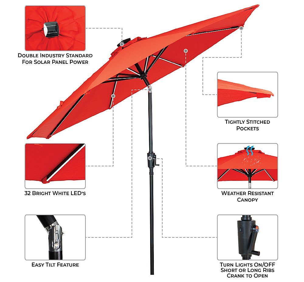 Sun Ray - 9' Round Next Gen Solar Lighted Umbrella - Ruby Red