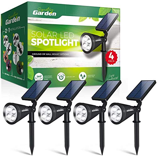 Signature Garden LED Solar Garden Spotlights (4 Pack) Super-Bright, Easy No-Wire Installation with Ground or Wall Mount Option. Auto On/Off. All-Weather/Water-Resistant