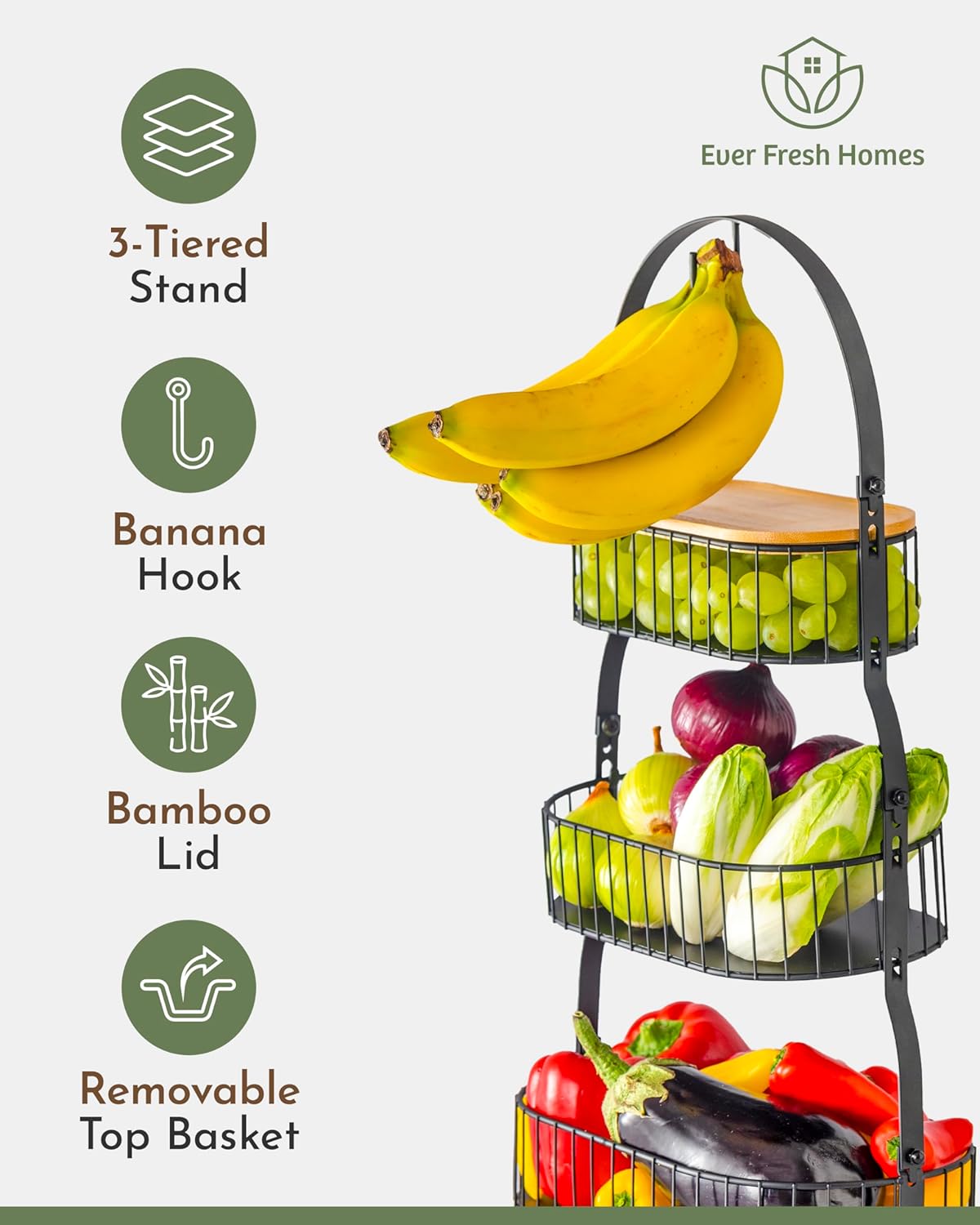 Ever Fresh Homes 3 Tier Countertop Fruit Holder for Kitchen Counter with Removable Baskets, Banana Hook and Bamboo Lid