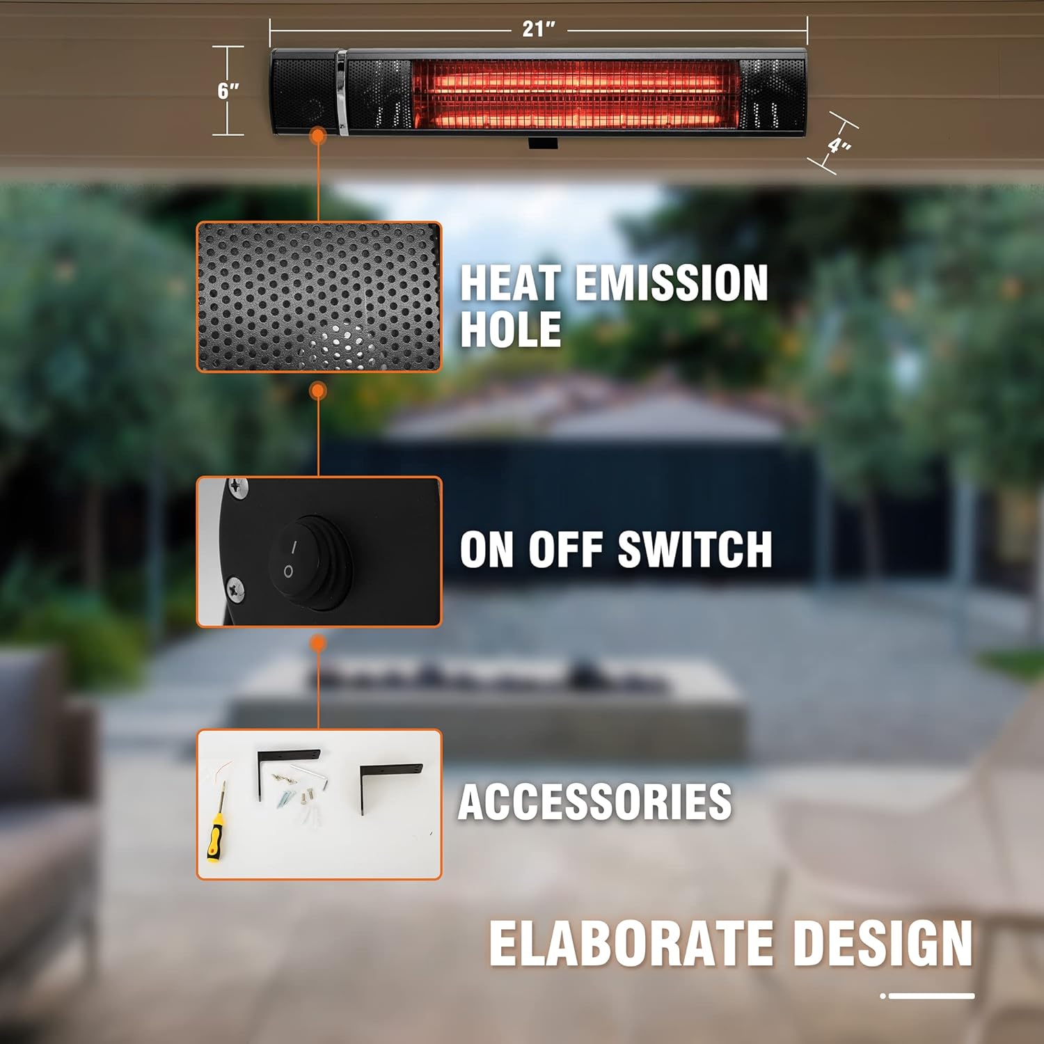 5 Sunday Living 1500W Electric Outdoor Patio Heater with 3 Power Settings, Overheat Protection & Remote