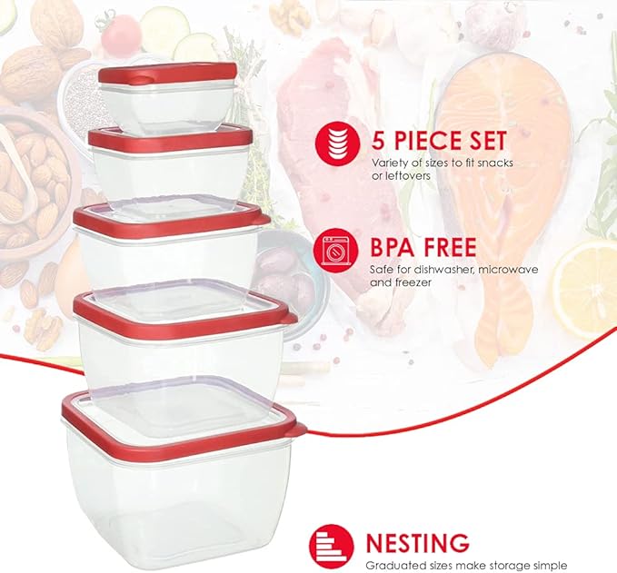 EDGE 10 Piece Nesting  Square Food Storage Set (Red), 12 Pack