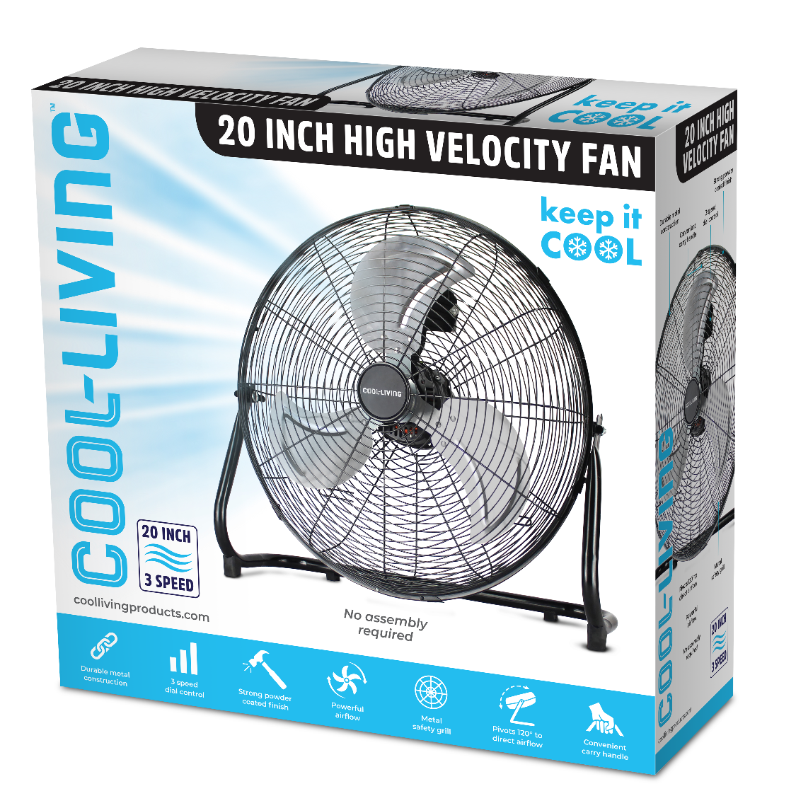 Cool Living 20 Inch 3-Speed High Velocity Heavy Duty Metal Industrial Floor Fan