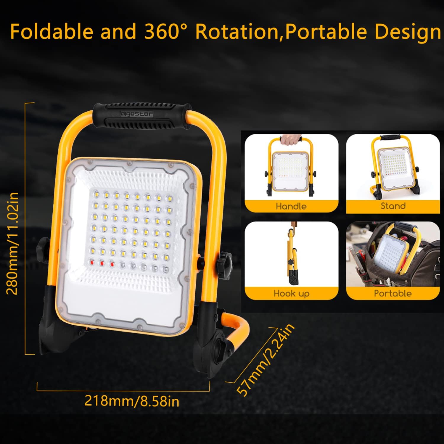 Aigostar 6500K Flood Light Rechargeable LED Work Light with Stand, 1000lm Waterproof, Foldable, 4 Modes